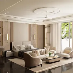A wider view of the Palam Vihar master bedroom, showcasing the integrated study desk and seating area. The design combines wood paneling, pendant lighting, and soft textiles to create a cohesive and luxurious suite.