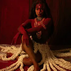 In this frame from the "KALI" series, the model is surrounded by jasmine flowers. The contrast between the fierce red body paint and the delicate white flowers creates a compelling visual narrative about destruction and creation.