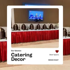 A stylish catering decor setup for an Indian Chaat event. The long buffet table with a red skirt and elegant, uniform serving dishes creates a professional and visually appealing look.