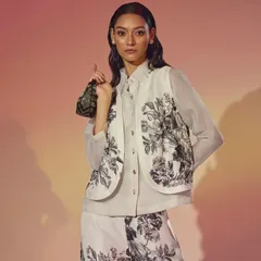 A layered fusion look styled for Ose Label's lookbook. I paired a floral embroidered vest over a sheer shirt and matching trousers to showcase how separates from the collection can be combined for a chic, contemporary ethnic look.
