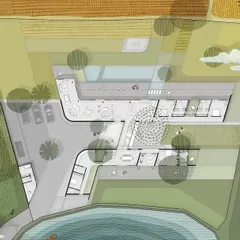 This illustrated plan for an Alibaug home is presented as a painting, capturing the relationship between the architecture, the surrounding fields, and the nearby pond. It communicates not just the layout, but the life and atmosphere of the project.
