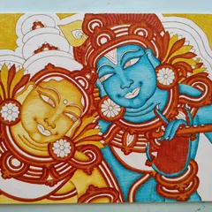 A close-up of the Radha Krishna mural, showing the vibrant colors and expressions. This piece was a custom gift, and I worked quickly to ensure it was ready for the special occasion, capturing their eternal love on canvas.