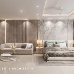 A spacious master bedroom featuring a custom handpainted wallpaper panel behind the bed, creating a soft, artistic focal point. The wall opposite is lined with upholstered fluted panels, adding texture and acoustic comfort.