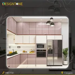 A beautiful kitchen design featuring two-tone cabinetry in glossy mauve and white. This setup includes integrated appliances and a side-by-side refrigerator, showcasing a modern and colorful approach to kitchen interiors.
