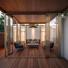 This shot shows the glasshouse with its doors wide open, creating a perfect indoor-outdoor flow. The design ensures both aesthetic beauty and perfect weather insulation.