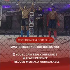 MMA humbles you, but it also builds you. This image captures the moment of victory in the cage, a testament to the real confidence and mental unbreakability we forge here.