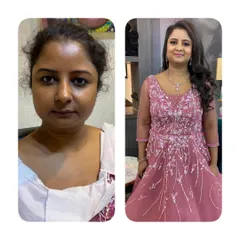 A side-by-side comparison that speaks for itself. On the left is the client before, and on the right is her stunning after look for a party, featuring soft glam makeup and voluminous hair.