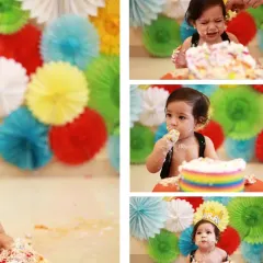 A collage from a cake smash session, showing the baby's journey from curiosity to getting joyfully covered in cake.