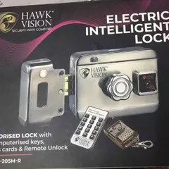 This Hawk Vision intelligent lock is a robust solution for main doors. It offers multiple entry methods including computerized keys, access cards, and a remote control for easy unlocking.