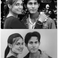 Here you can see the transformation from a digital photo to a hand-drawn A3 portrait. This was a lovely double portrait order from a client in Vadodara, Gujarat.