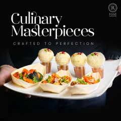Culinary masterpieces crafted to perfection. This platter features delicate pani puri shots and savory bites in bamboo boats, showcasing our innovative approach to appetizer presentation.
