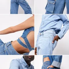 Restyling is all about giving old jeans a fresh new look. This collage shows various ways we can customize denim, from creating backless tops to adding cargo pockets and altering the silhouette.