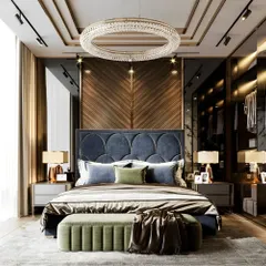 This master bedroom exudes luxury with its coffered ceiling, large ring chandelier, and a custom upholstered headboard. The design includes a walk-in closet visible through smoked glass doors.