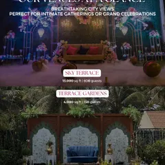 Our two venues at a glance: the grand Sky Terrace for 600 guests and the intimate Terrace Garden for 150 guests.