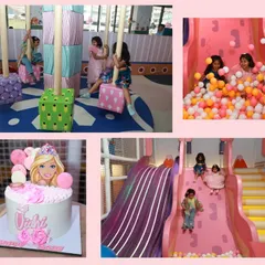 A collage from a fabulous Barbie-themed birthday party. We brought the dreamhouse vibes with a custom cake, pink decor, and plenty of playtime on the slides and in the ball pit.