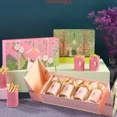 A modern, geometric folding box in pastel pink and green. This innovative design opens from the center to reveal four satin-lined compartments for dry fruits or other treats.