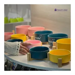 We offer a variety of high-quality food and water feeders designed for your pet's comfort. This image displays our colorful range of ceramic Scooby bowls with wooden stands, which elevate the bowl for a better eating posture.