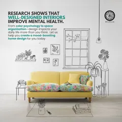 This graphic illustrates how well-designed interiors, guided by principles like Vastu and color psychology, can improve mental health and create a mood-boosting home.