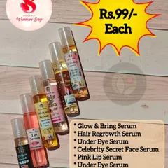 My collection of targeted organic serums. This range includes a Hair Regrowth Serum, Under Eye Serum for dark circles, a Glow & Bright Serum, and my special Celebrity Secret Face Serum.