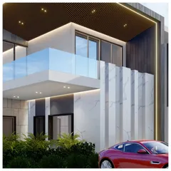 A render of a grand villa exterior, where I used clean lines, a marble-clad facade, and integrated lighting to achieve a look of minimalist elegance.