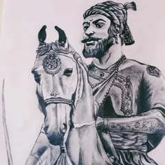 A pencil sketch of the great warrior Chhatrapati Shivaji Maharaj. This piece shows the detailed shading and texture work involved in creating historical portraits.