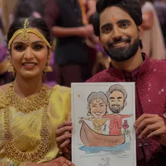 A beautiful moment from a South Indian engagement. I created this special caricature for the couple, showing them in a boat to celebrate their journey together. It's an honor to add a personal, artistic touch to such an important day.