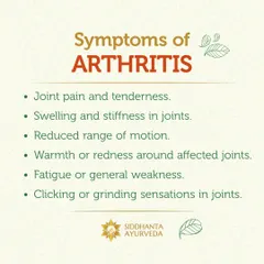 The common symptoms of arthritis include joint pain, swelling, stiffness, and reduced motion. Early diagnosis and Ayurvedic treatment can help manage these symptoms and improve joint health.