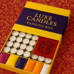My all-in-one Rangoli Box is a perfect Diwali gift. It comes complete with 24 tealight candles, 6 vibrant rangoli powders, and a Ganesha stencil for creating beautiful festive art.