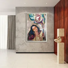 This is a digital mockup showing how a vibrant, surrealist portrait can become a stunning focal point in a modern interior. It helps clients visualize how a custom piece will feel in their own home.