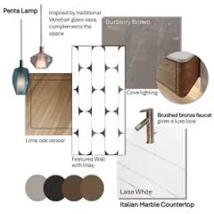 A material mood board is a crucial step in my design process. For this luxury washroom, I curated a palette of Lasa White Italian marble, lime oak veneer, and brushed bronze fixtures to create a space that is both bright and warm.