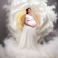 An ethereal portrait of a mom-to-be in a flowing white gown, surrounded by a giant white rose and a cloud of soft smoke for a truly heavenly look.