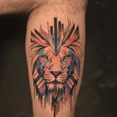 A modern, geometric take on a classic symbol of strength. This lion's head is created with sharp lines and a vibrant, multi-color palette, resulting in a unique and contemporary piece of abstract art.