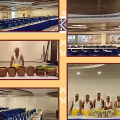 Setting up for a large 'pangat' style meal. We arrange seating in long rows so guests can enjoy their food together, creating a communal and traditional dining experience that is perfect for housewarmings, pujas, and other religious functions.