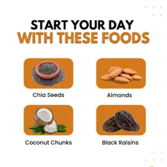 Start your day right with these powerful foods. Chia seeds, almonds, coconut, and black raisins are packed with fiber, protein, and healthy fats to promote digestion, keep you full, and give you sustained energy.