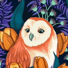 A close-up of the barn owl's face from my digital illustration. I focus on capturing a gentle expression and intricate feather details.