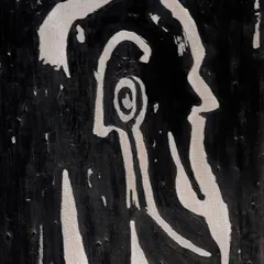 A truly unique work from my archives, this is F.N. Souza's 'Tribute to Rabindranath Tagore'. In this oil on canvas, Souza deviates from his usual style to honor the Nobel Laureate, embedding symbols of Tagore's own artistic motifs, like the capped Muslim man and Peruvian-inspired forms, into a powerful silhouette.