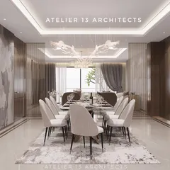 This dining space, part of our Suncity residence project, features a stunning chandelier with sculpted white elements that appear to float above the table. The room is paneled with wood and marble, creating a rich and textured environment.