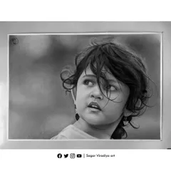 This large A1 size sketch was a commission from a client in Bangalore. It was a challenging yet satisfying piece, especially the intricate, flowing hair. I used graphite and charcoal on Fabriano Academia paper to capture the child's curious expression.