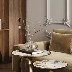 A detailed 3D render of a living room corner, focusing on the textures of the velvet sofa and the marble-topped side tables. This is how we perfect the look and feel.