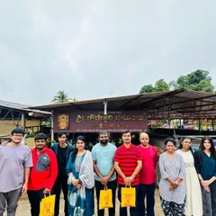 A group photo in front of the temple during our Kodachadri and Sigandur trip. We travel like one big family from Bangalore.