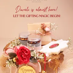 Nothing says Diwali like this festive hamper, elegantly arranged on a golden elephant tray. It’s brimming with premium dry fruits, a beautiful floating candle, and a 'Happy Diwali' tag to bring warmth and joy to your celebrations.
