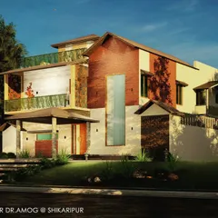 This view shows how the residence in Shikaripura is surrounded by planned greenery. The design includes green balcony railings and ample space for gardens, ensuring the home feels connected to nature from every angle.