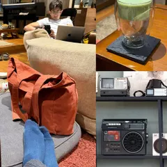 A cozy scene from a cafe, showing a relaxed atmosphere with vintage radios on a shelf and a glass of matcha latte.