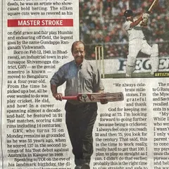 A newspaper article on GRV Sir, a living legend of the game. His perspective on milestones, aiming for a century even at 75, is truly inspiring for any athlete.