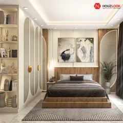 This master bedroom is a testament to modern elegance, blending warm wood tones with textured wall panels and refined decor. We designed this space to be a personal sanctuary, balancing sophisticated aesthetics with functional elements like integrated storage and ambient lighting for a restful ambiance.