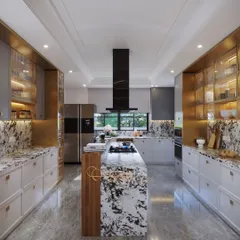A full panoramic view of the kitchen, highlighting the symmetrical design, ample counter space, and high-end appliances that make it a chef's dream.