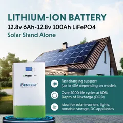 This infographic details the specifications of our Lithium-Ion battery, designed for stand-alone commercial systems. It highlights its fast charging capability, long life cycle of over 2000 cycles, and versatility for use with solar inverters, DC appliances, and portable storage.