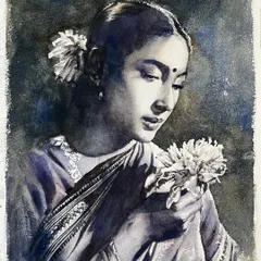 A monochrome portrait of the classic Bollywood actress Nutan, created as a demonstration for my watercolor course. Her grace and expressive eyes make her a perfect subject for a value study.