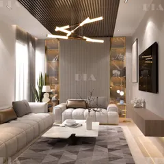 This living area demonstrates my use of architectural details to define a space. A fluted feature wall, a slatted wood ceiling, and a modern sculptural chandelier work together to create a sophisticated and layered minimalist interior.