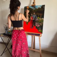 Here you can see the progress on the couple's portrait after a few sittings. The bright red of her dress is starting to take shape, and I'm blocking in the surrounding colors.